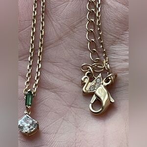 Swarovski Gold Necklace with Green princess cut Clear Accents